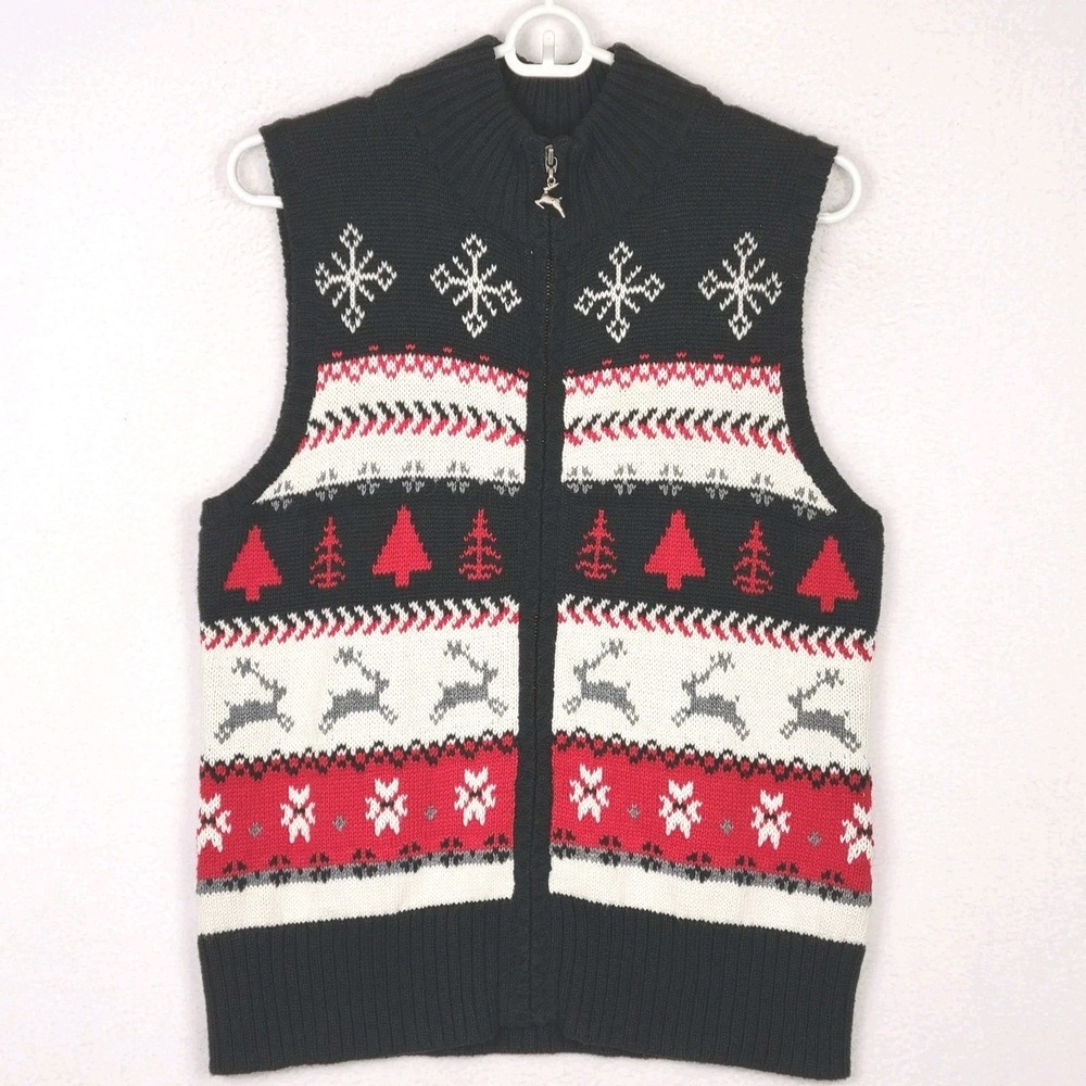 Christopher & Banks Fair Isle Sweater Vest Womens M Black‎ Full Zip Nordic Ski